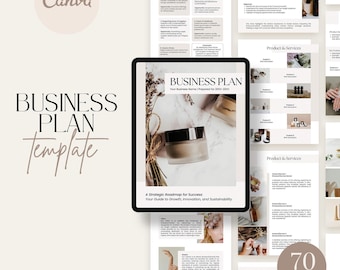 May include: A business plan template with a floral design and a cream jar on a marble background. The text "BUSINESS PLAN" is in a bold, black font. The text "Your Business Name | Prepared for 20XX-20XX" is in a smaller, black font. The text "A Strategic Roadmap for Success: Your Guide to Growth, Innovation, and Sustainability" is in a smaller, black font. The text "70 PAGES" is in a large, white font on a brown circle.