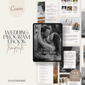 May include: A wedding program ebook template with a black and white photo of a couple on the cover. The text on the cover reads "Hannah & Daniel Forever Starts Now". The ebook is 23 pages long and is designed for US Letter size.