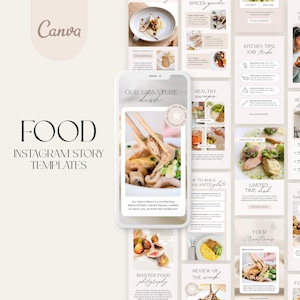 Könnte beinhalten: Instagram Story-Vorlagen mit Food-Thema. Sie zeigen Bilder von Gerichten, Gewürzen und Küchentipps. Das Wort "FOOD" ist groß geschrieben. Das Canva-Logo befindet sich oben links. Ideal für Social Media.