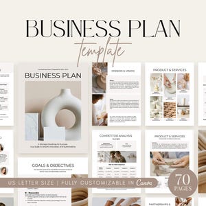 May include: A business plan template with a minimalist design. The cover features the text "BUSINESS PLAN" and "Template". Inside, there are sections for mission, services, and goals. The template is US Letter size and fully customizable.