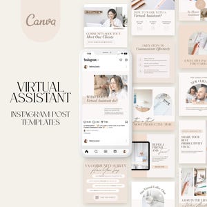 May include: A collection of Instagram post templates for virtual assistants. The templates feature a variety of designs, including a community shoutout, a survey, and a coffee chat. The templates are designed to help virtual assistants promote their services and connect with clients.