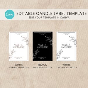 May include: An image featuring three candle label designs. The labels are rectangular with a minimalist aesthetic. The text "VANILLA CASHMERE" is displayed prominently. The labels are in white and black, with text variations. The top text reads "EDITABLE CANDLE LABEL TEMPLATE".