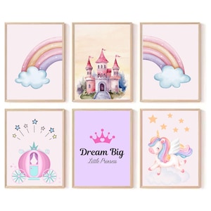 Set of 6 Girl Room Wall Art Prints, Playroom & Nursery Wall Art, Posters for Girl’s Room, Watercolor Princess Theme, Girl Room Prints
