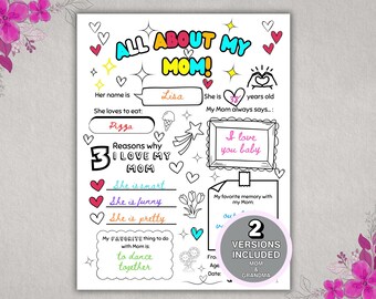 Mother's Day All About My Mom Questionnaire,  All About my Grandma Printable, Grandma Keepsake, Mother's Day Questions, Toddler Busy Book