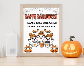 May include: A framed Halloween sign with the text "HAPPY HALLOWEEN" and "PLEASE TAKE ONE ONLY! SHARE THE SPOOKY FUN". The sign features cartoon ghosts, bats, and pumpkins. An orange pumpkin sits to the right of the sign.