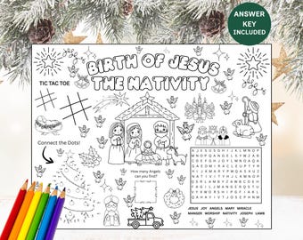 Krippenaktivitäts-Tischset, Weihnachtstischsets, Sonntagsschulhandwerk, Weihnachtsmalseite für Kinder, christliche Geburt von Jesus-Handwerksspielen