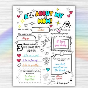 All About My Mom Fill in the Blank, About Mom Printable, All About My Mom, Mom Coloring Page, Mother&#39;s day activity, Sentimental Gift, Mom