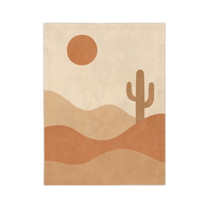 Wüste Sonnenuntergang Decke | Warme erdfarbene Fleece-Decke mit Kaktus und minimaler Landschaft