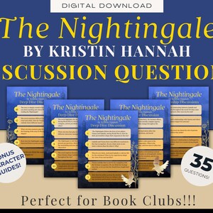 May include: A digital download for a book club discussion guide for the novel "The Nightingale" by Kristin Hannah. The guide includes 35 questions and bonus character guides. The image features a blue background with white text and a design of birds.