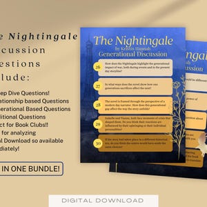 May include: A digital download for a book club discussion guide for the novel "The Nightingale" by Kristin Hannah. The guide includes 20 deep dive questions, 5 relationship-based questions, 5 generational-based questions, 5 additional questions, and is perfect for book clubs and analyzing the novel.
