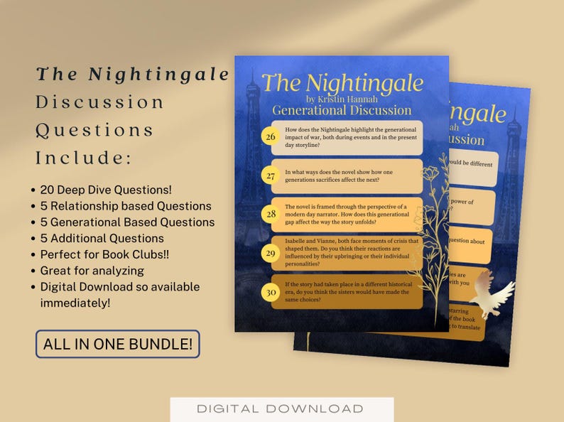 May include: A digital download for a book club discussion guide for the novel "The Nightingale" by Kristin Hannah. The guide includes 20 deep dive questions, 5 relationship-based questions, 5 generational-based questions, 5 additional questions, and is perfect for book clubs and analyzing the novel.