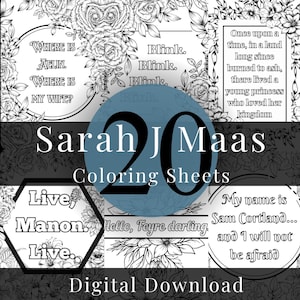 Peut inclure: Un téléchargement numérique de 20 feuilles de coloriage avec des citations et des illustrations des romans de Sarah J Maas. Les feuilles de coloriage présentent des illustrations en noir et blanc de fleurs et de texte. Le texte comprend des citations des livres telles que "Où est Aelin ?" et "Je m'appelle Sam Cortland... et je n'aurai pas peur."