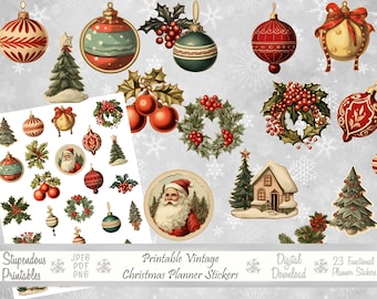 Afdrukbare vintage kerstplannerstickers | Functionele stickers voor tijdschriften, planners, scrapbooking - digitaal door Stupendous Printables