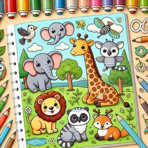 Può includere: Una pagina di un quaderno a spirale con animali dei cartoni animati: un elefante, una giraffa, un leone, un procione, un cervo e un gufo. La scena è ambientata in un campo erboso con alberi e nuvole. Matite colorate e pennarelli circondano la pagina.