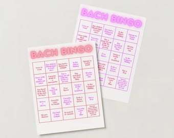 May include: Two pink and purple printable bingo cards with the title "Bach Bingo". The cards have squares with phrases related to the Bachelor TV show.