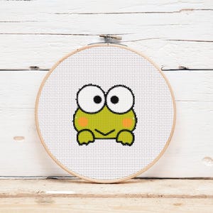 Schema punto croce piccola rana, schema ricamo animali dei cartoni animati, disegno stampabile con download immediato in PDF, decorazione fai da te per pareti domestiche, Grenouille