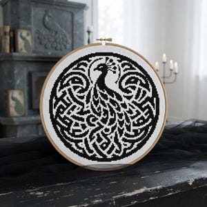 Scandinavian Peacock Knot Cross Stitch, Nordic Celtic Knotwork Blackwork DIY, Mythological Folk Art Animal Embroidery, Instant Download PDF