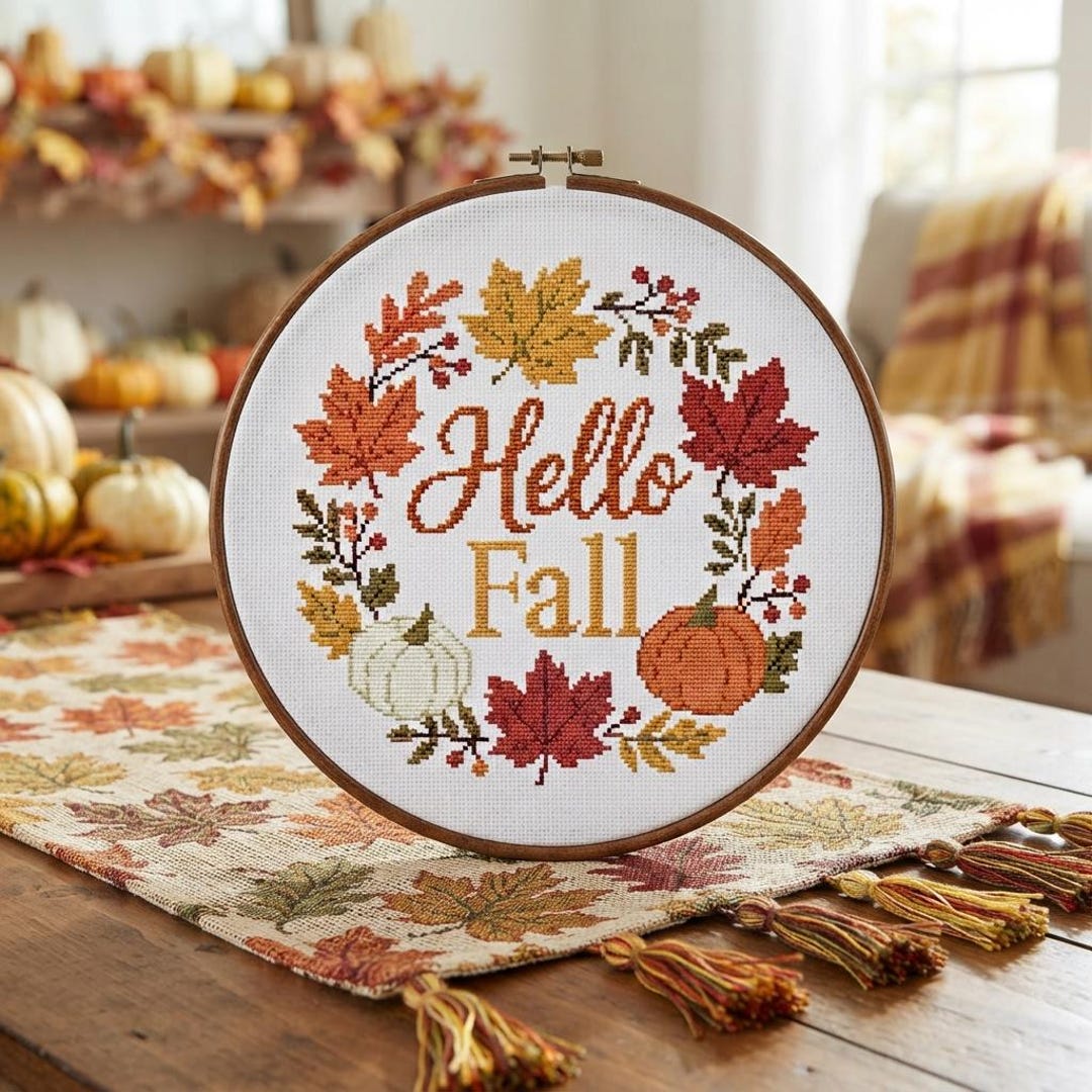 Fall Wreath Cross Stitch Pattern, Maple Leaf Foliage Embroidery, Autumn ...