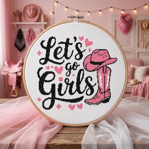 Pinkfarbener Cowboyhut und -stiefel – Western-Kreuzstich-Stickerei – Modernes Western-Powergirl-Muster – Feminine Cowboy-Landhausdekoration (PDF)