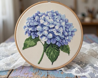 Schema per punto croce con ortensia blu, ricamo floreale, decorazione per ricamo a punto croce in stile giardino rustico (PDF)