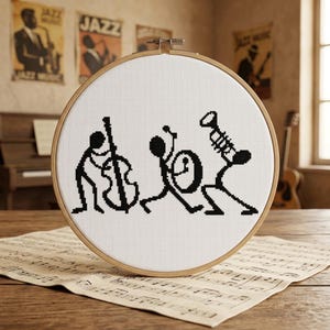 Stick Figure Orchestra Cross Stitch, Music Lovers Jazz Band Embroidery, Unique Handmade Gift Idea for Musicians Needlepoint Digital Gift PDF