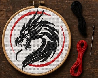 Black Red Dragon Cross Stitch Pattern, Japanese Mythical Tribal Embroidery (PDF Pattern)