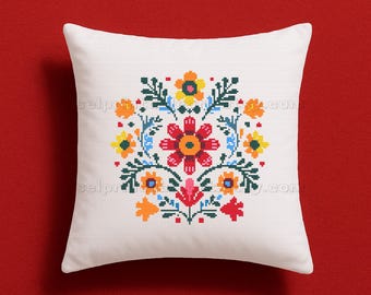 Mexican Folk Art Middle Colorful Floral Cross Stitch Embroidery Pattern For Decorative Towels, Pillows, Curtains Table, Napkins DIY Textiles