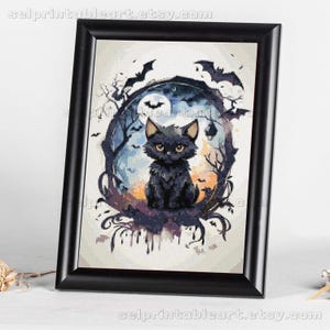 Bordado em ponto cruz de gato preto e morcego, decoração com padrão fofo e gótico, gráfico de pontos para impressão, decoração de parede para Halloween
