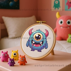 Cute One Eyed Monster Cross Stitch Embroidery Pattern PDF, Funny Cartoon Design for Kids Room Decor, Modern DIY Stitch Chart Download
