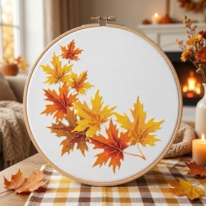 Patrón de punto de cruz de esquina con hoja de arce otoñal, bordado de hojas amarillas de otoño, decoración acogedora para el hogar en otoño (PDF)
