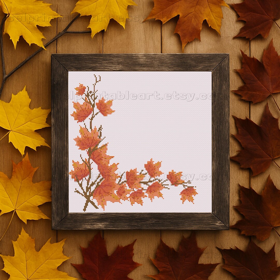 Fall Maple Leaf Corner Cross Stitch Pattern, Autumn Embroidery DIY, Red ...