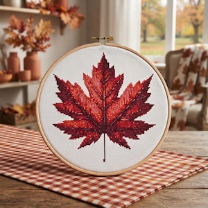 Red Maple Leaf Cross Stitch Pattern, Autumn Embroidery Design, Fall Home Decor, Cozy Seasonal Wall Art,  Single Leaf Hoop Art Nature Stitch