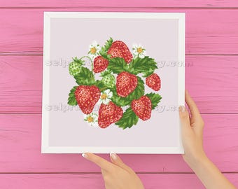 Strawberry Plant and Blossom Cross Stitch Embroidery, Floral Summer Fruit Pattern, Nature Cottagecore Cute Garden Decor, Instant Download