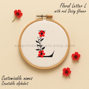 Patrón de punto de cruz con monograma floral L personalizado en PDF, descarga instantánea, gráfico de bordado de letras para regalo, bricolaje, decoración de pared con arte de aro