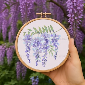 Blauweregen tak kruissteekborduurwerk voor natuur- en bloemenliefhebbers, lente- en zomerbloempatroon pdf voor handgemaakte muur- en woondecoratie