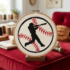 May include: A cross-stitch baseball design in a wooden hoop. The design features a black silhouette of a batter swinging a bat, with red stitching representing the baseball's seams. The hoop is displayed on a wooden stand.