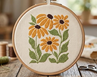 Kreuzstichmuster „Gelbe Blumen“ von Matisse, dänische botanische Stickerei, florale Landhaus-Wohndekoration (PDF)