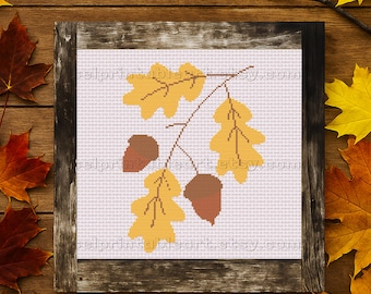 Oak Leaves and Acorns Cross Stitch, Autumn Woodland Embroidery PDF, Fall Nature Leaf Design for Rustic Home Seasonal Decor DIY Digital Gift