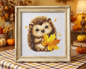 Autumn Hedgehog Cross Stitch Pattern, Woodland Fall Animal Embroidery, Kids Room Decor DIY Gift Rustic Cozy Home Art, Instant Download PDF