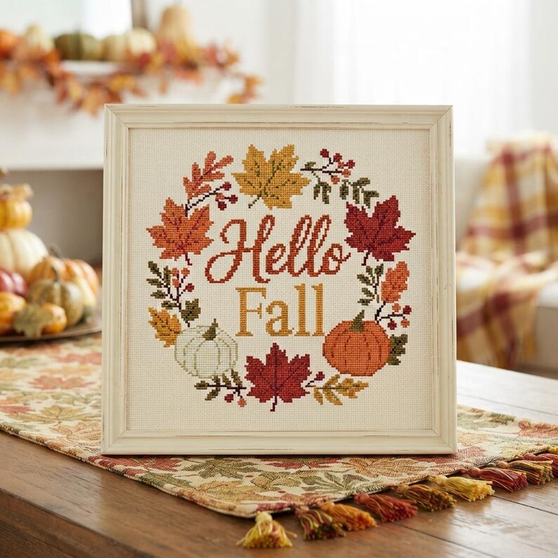 Stich Fall Drawing Fall Wreath Cross Stitch Pattern, Maple Leaf Foliage Embroidery, Autumn ...