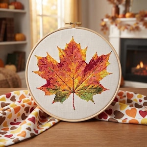 Patroon voor kruissteek van een esdoornblad in de herfst, herfstborduurwerk, gezellige huisdecoratie in cottage-stijl (PDF)