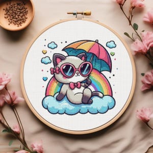 Cool Siamese Cat Cross Stitch: Get Crafty with This Cute Cat Design, Cat On The Cloud Funny Embroidery Pattern, DIY Home Decor Project