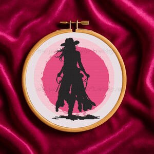 Boho Style Feminine Cowgirl Embroidery Pattern with Lasso and Pink Sunset Silhouette Modern Cross Stitch Western Woman Needlework Design