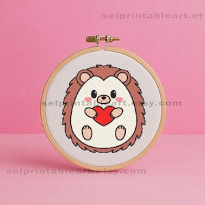 Cute hedgehog holding a heart cross stitch chart, for kids cartoon animal character embroidery pattern, instant download printable PDF