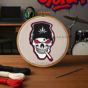 rauchendem Schädel Kreuzstichmuster, einfaches Stickmuster zum Ausdrucken für Rapper, Gothic oder Kontra-Liebhaber, Sofort-Download, PDF