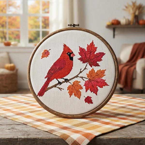 Red Cardinal Cross Stitch Pattern, Autumn Maple Bird Embroidery, Fall Woodland Home Decor (PDF)