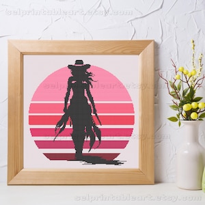 Schönheit Cowgirl Sonnenaufgang Silhouette Kreuzstich Stickerei mit Rosa Western Thema Feminin Boho Stil Wilder Westen Frau Stärke Muster PDF