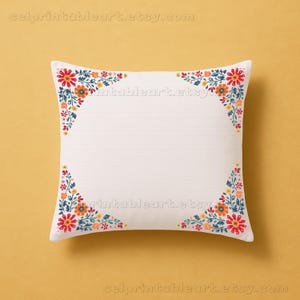 May include: White square pillow with a floral design in the corners. The flowers are red, orange, and blue. The pillow has the text "selprintableart.etsy.com" in the corners.