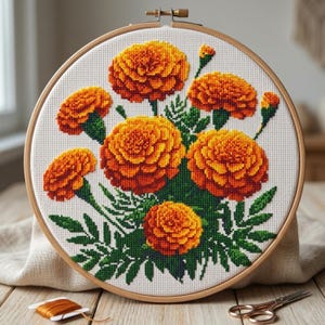 May include: A cross-stitch embroidery hoop featuring a vibrant floral design of orange marigold flowers and green leaves. The embroidery is set against a white fabric background, framed by a wooden hoop. A spool of orange thread and small scissors are also visible.