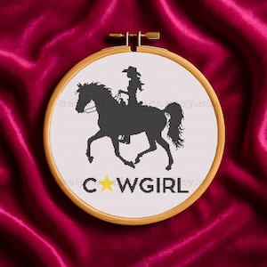 Cowgirl on Horseback Cross Stitch Embroidery PDF, Western Silhouette Pattern Design, Fierce Female Cowboy DIY Decor,  Digital Needlework Art
